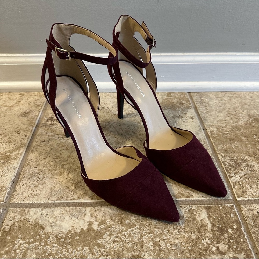 Mark Fisher Nimble 2 Burgundy Faux Suede Pointed Toe Ankle Strap Heels, Size 9
